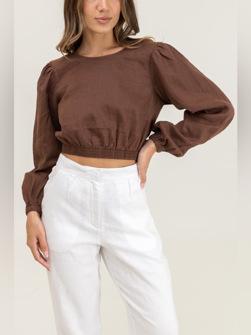 Rhythm Chocolate Brown Cropped Puff-Sleeve Top